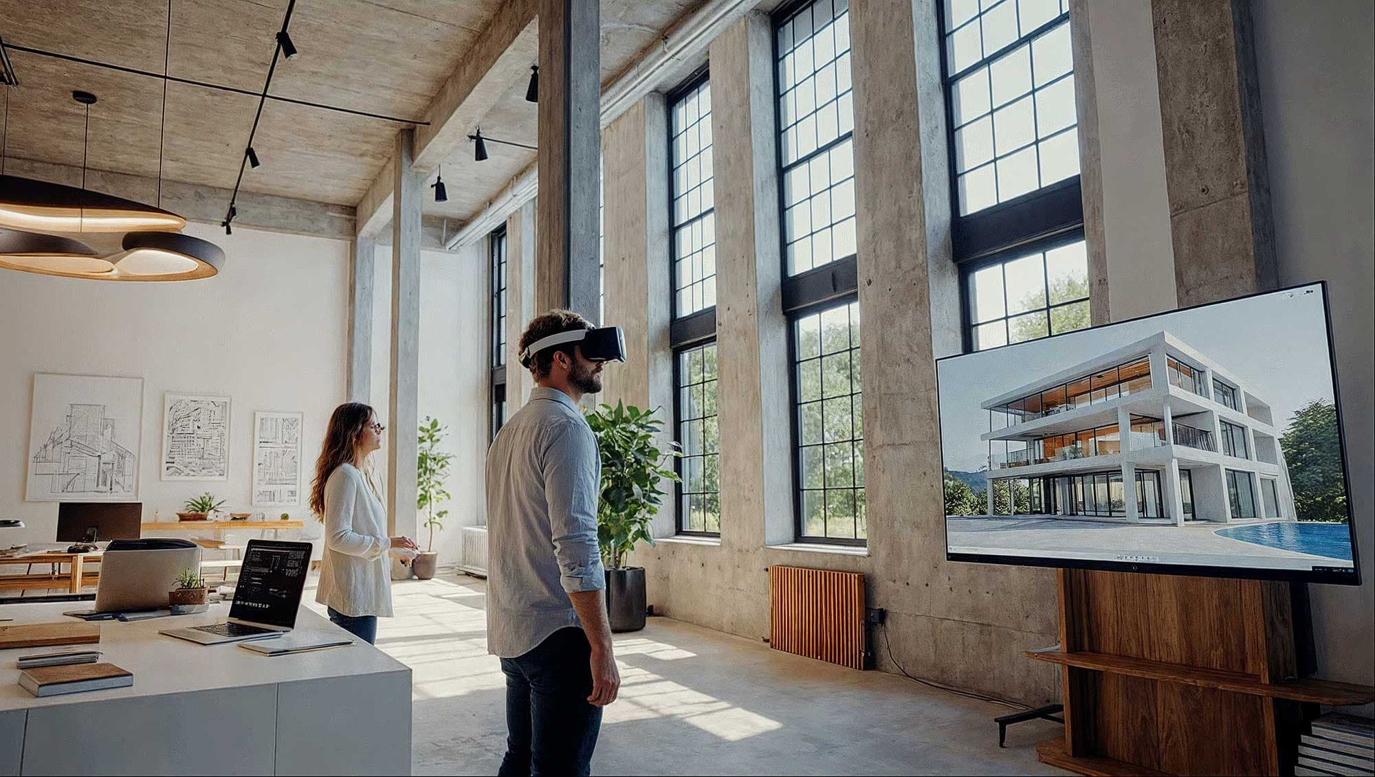 Ein Mann steht mit einer VR-Brille vor einem Bildschirm